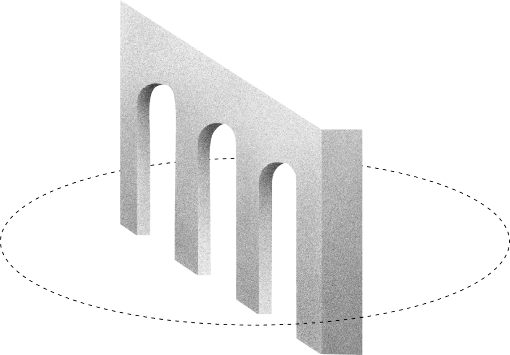 Three curved doorways and a dashed oval encircling it